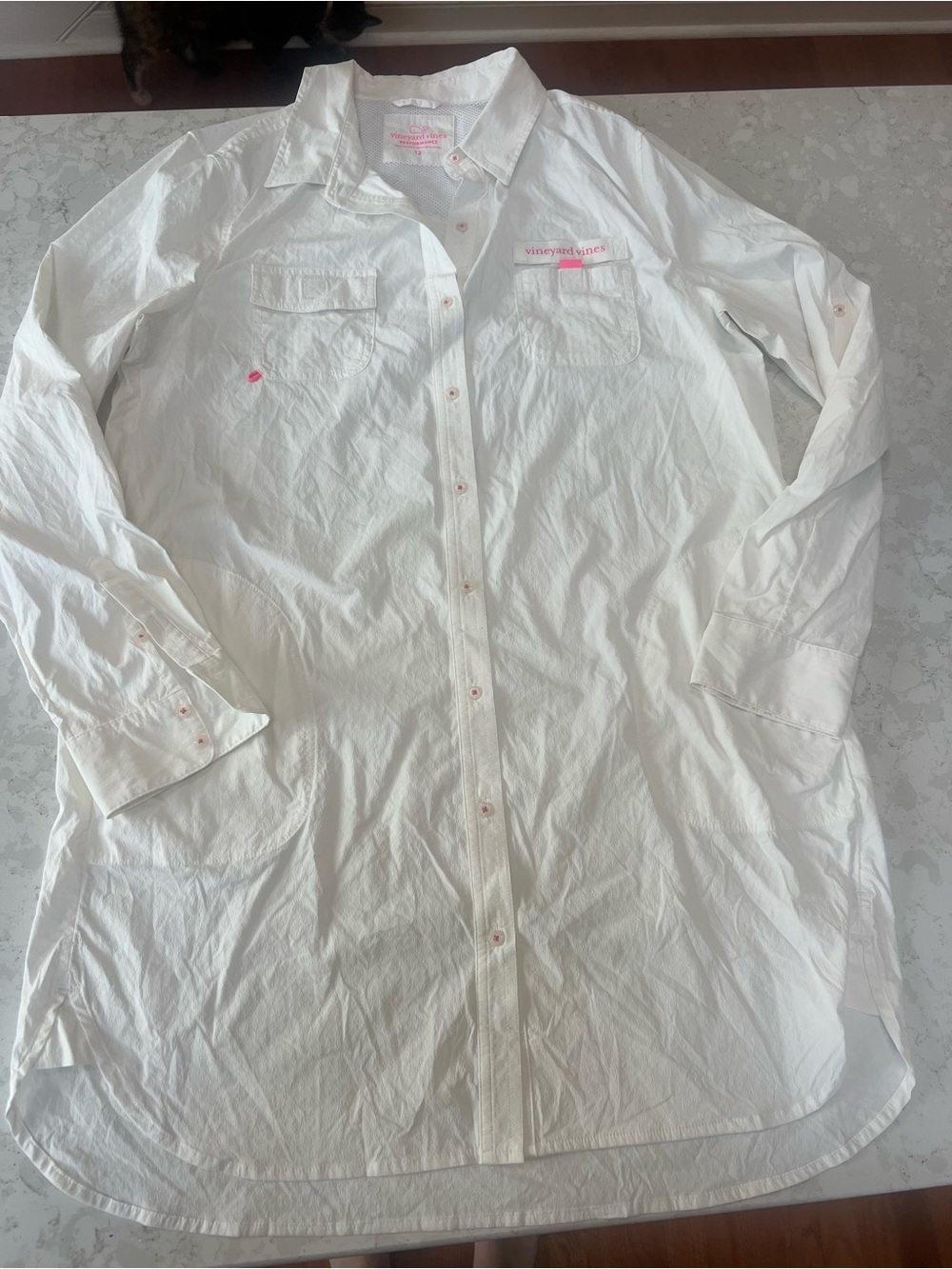 Vineyard Vines White Button-Down Longline Shirt with Pink Accents
